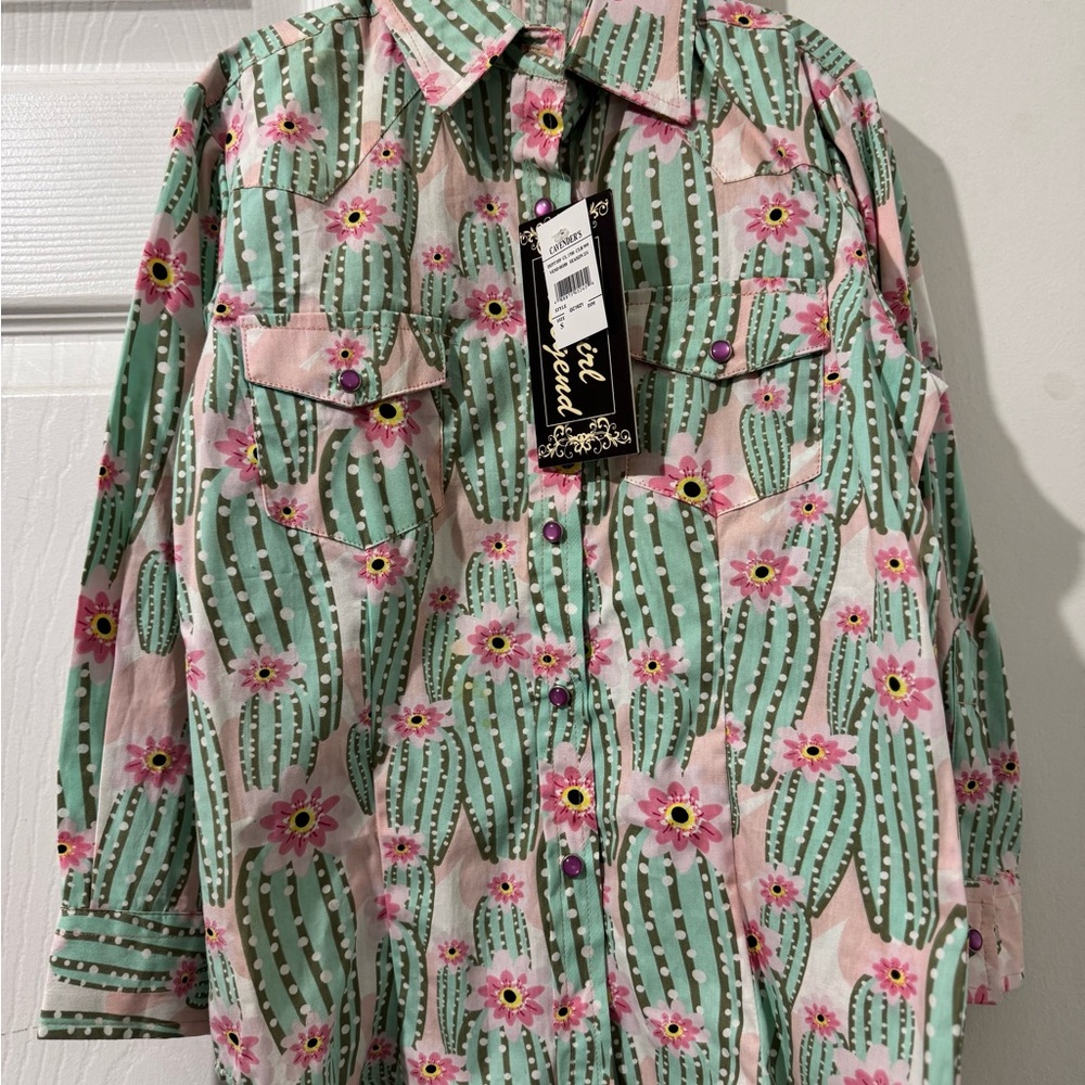 Kids Pink & Green Cactus Print Button-Up Shirt